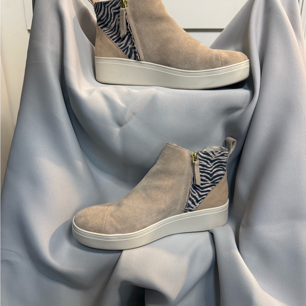 Toms Taupe Suede Platform Ankle Boots with Zebra Print Heel